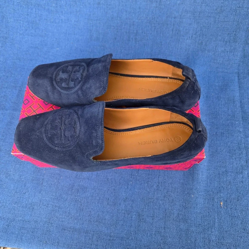 Tory Burch Leigh 15mm Elastic Loafer Silk Suede Perfect Navy Blue 76018 Womens 8